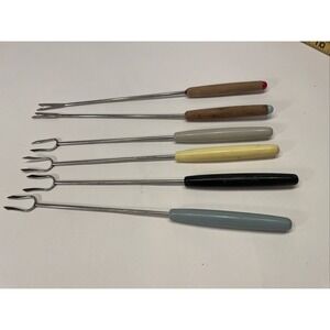 6 Vintage MCM Stainless Steel Fondue Forks Mix Of Wood & Plastic Handles
